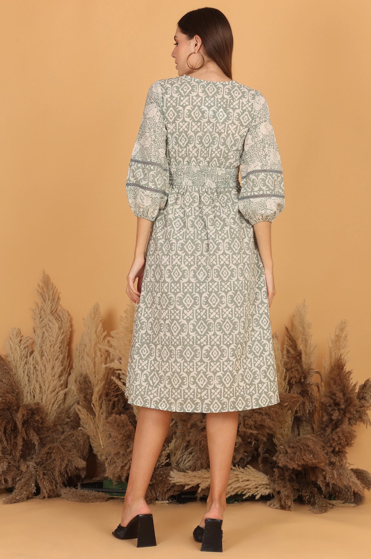 Batik Fit & Flare Dress - Green – back view | handcrafted batik ethnic wear for women | Shades of You