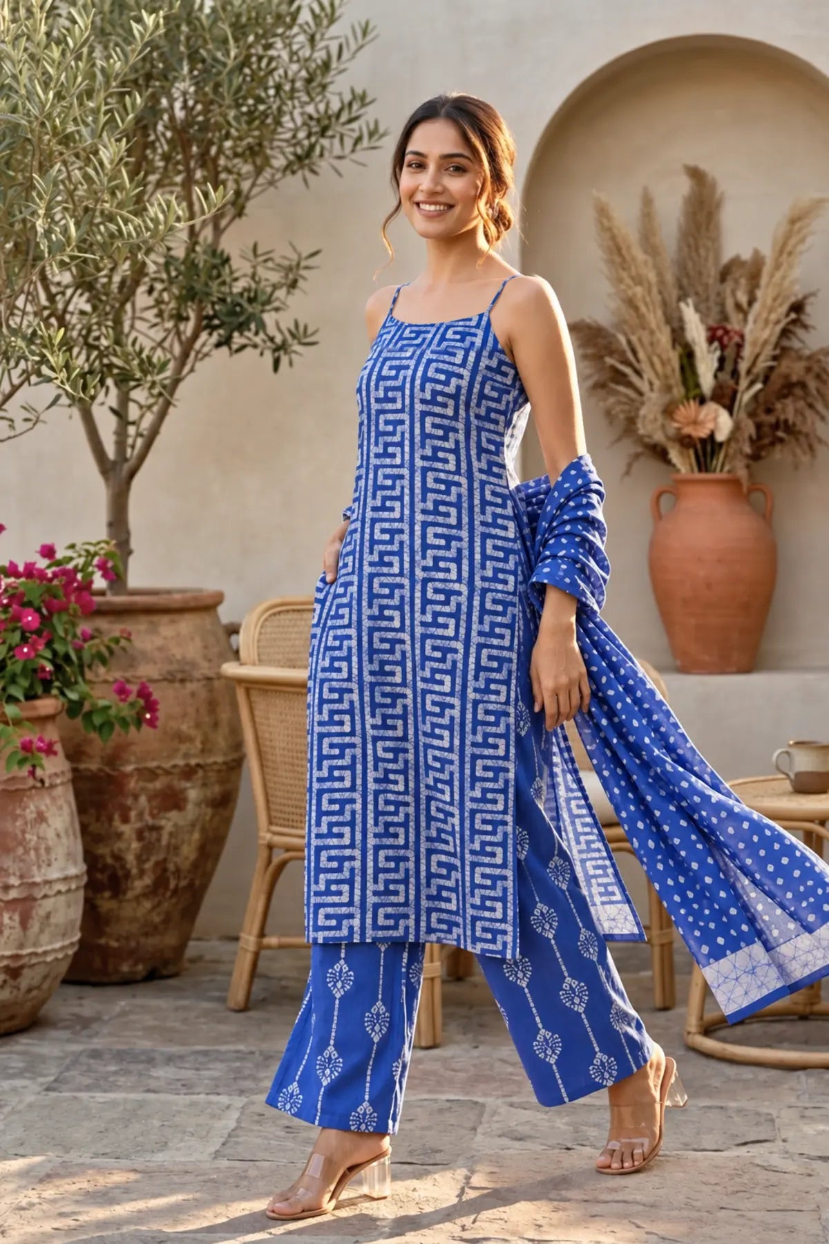 Batik Noodle Strap Sky Suit Set – front view | handcrafted batik ethnic wear for women | Shades of You