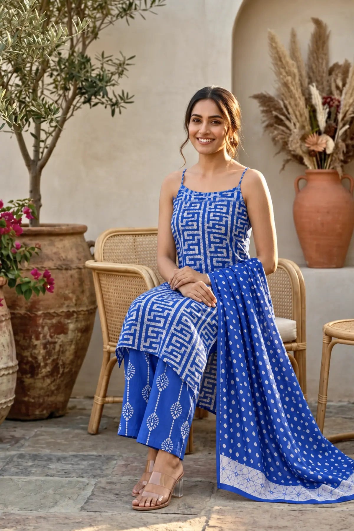 Batik Noodle Strap Sky Suit Set – seated view | handcrafted batik ethnic wear for women | Shades of You