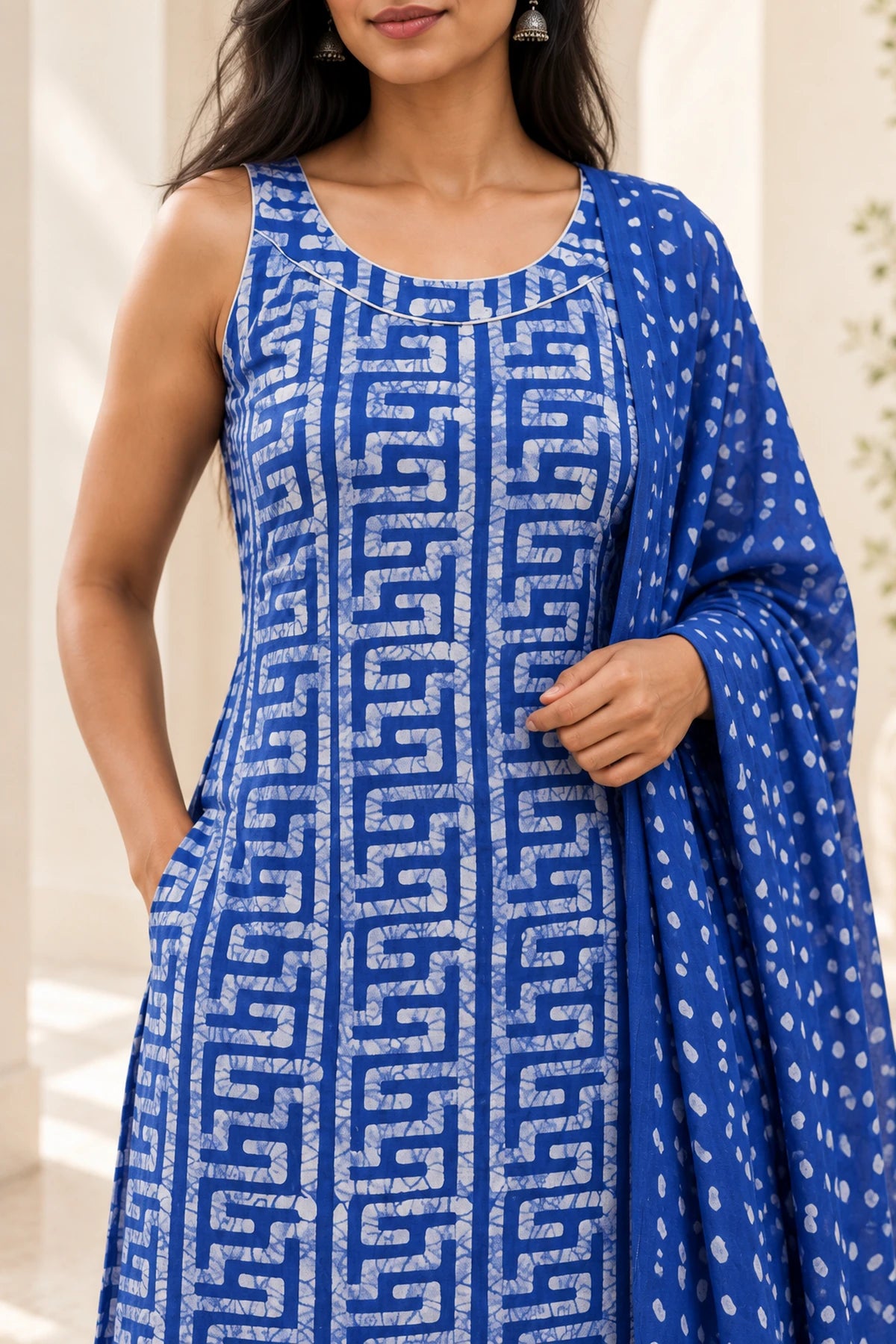 Batik Noodle Strap Sky Suit Set – neckline detail | handcrafted batik ethnic wear for women | Shades of You
