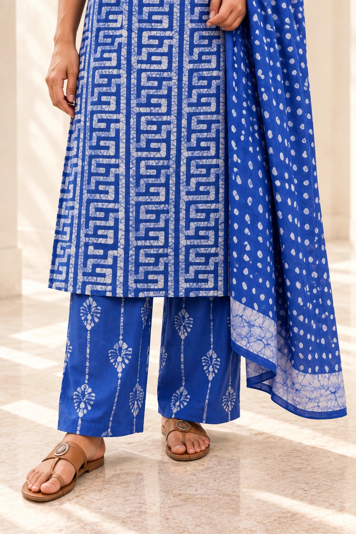 Batik Noodle Strap Sky Suit Set – hem detail | handcrafted batik ethnic wear for women | Shades of You