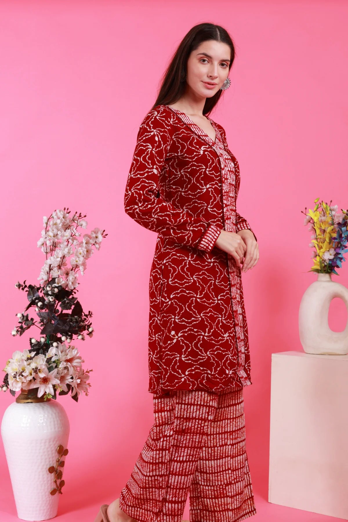 Maroon Modal Batik Co-ord – side view | handcrafted batik ethnic wear for women | Shades of You