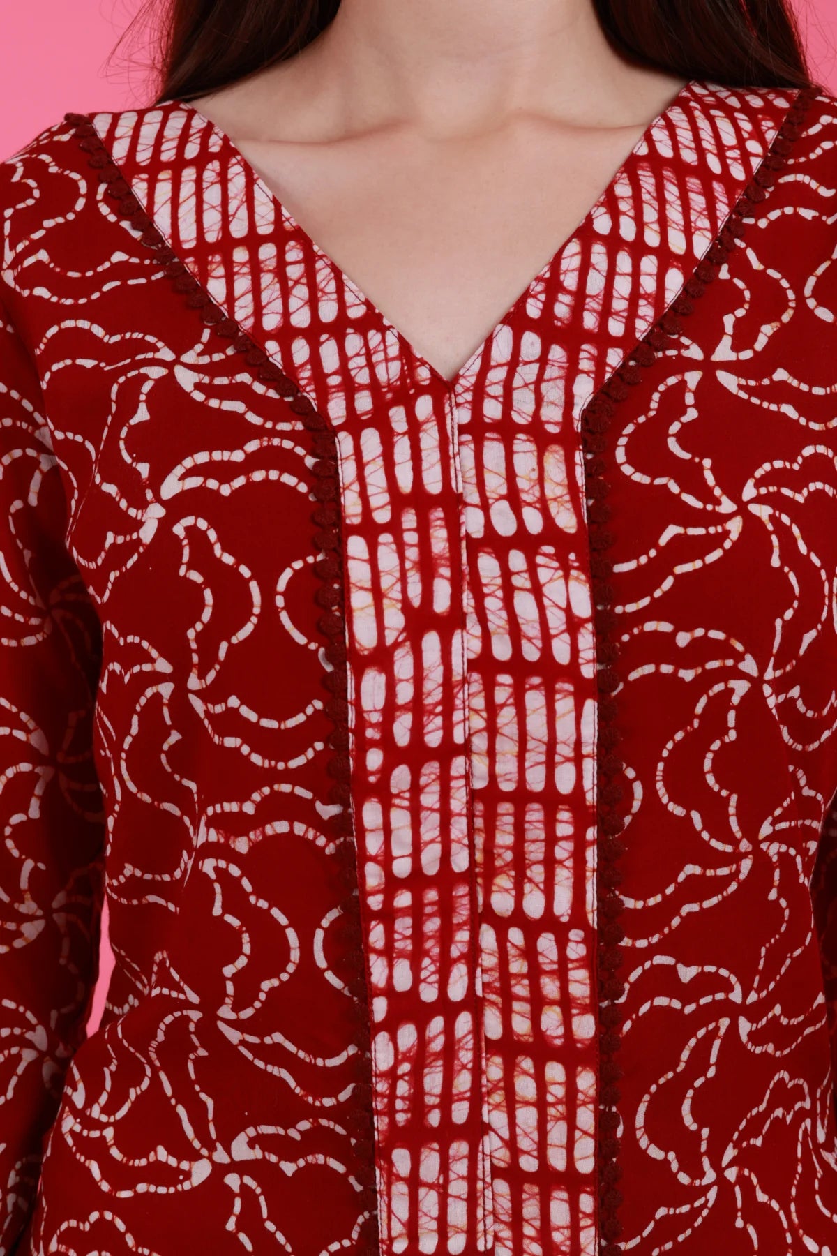 Maroon Modal Batik Co-ord – model closeup | handcrafted batik ethnic wear for women | Shades of You