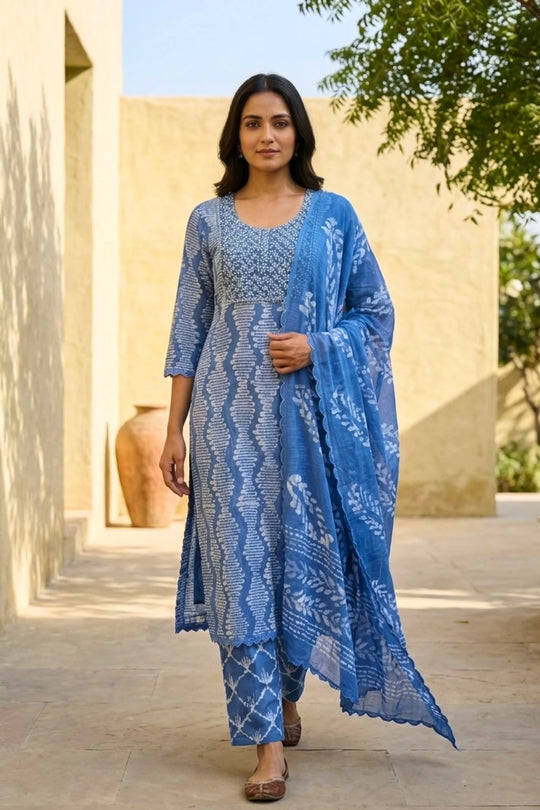 Skyfall Batik Modal Kurta Set – front view | handcrafted batik ethnic wear for women | Shades of You