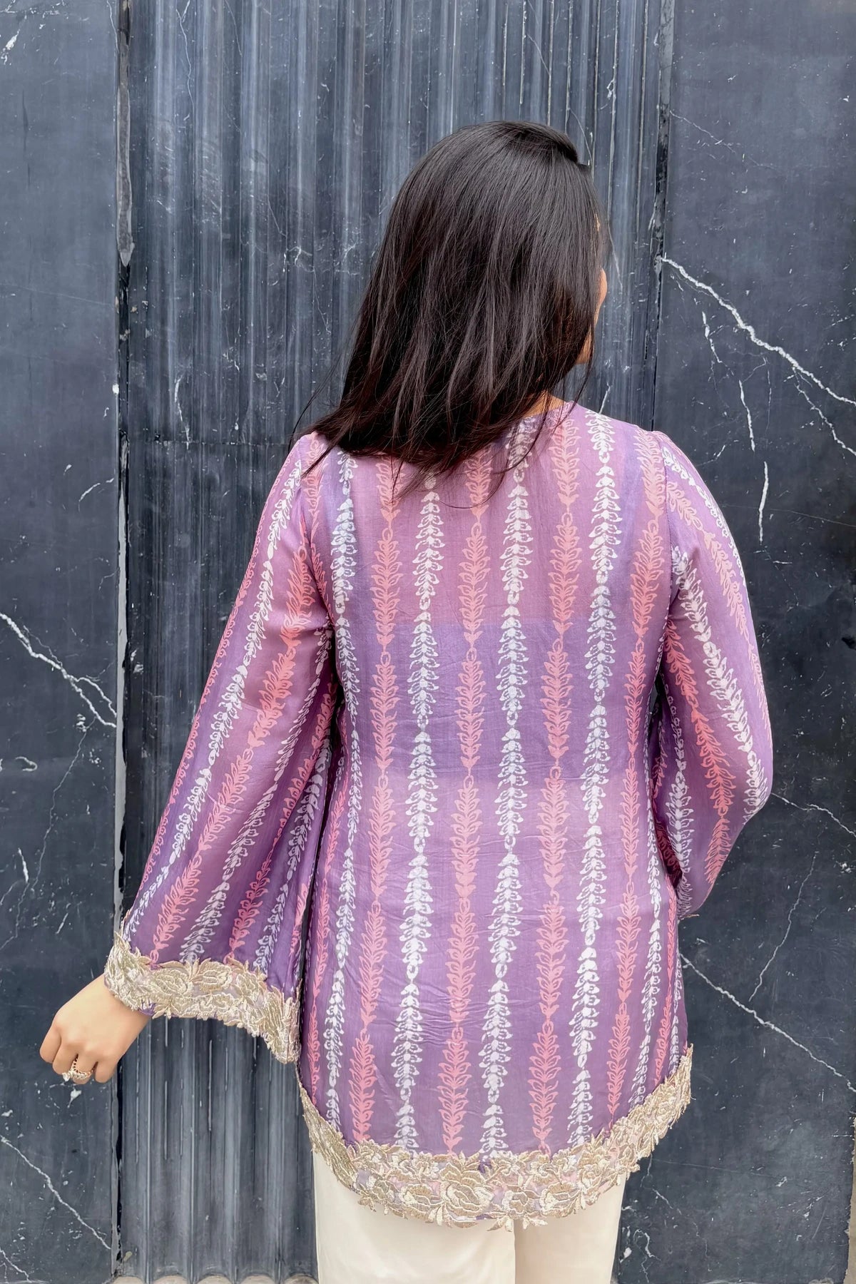 Lavender Floral Pure Ahimsa Silk Tunic, back view | handcrafted batik ethnic wear for women | Shades of You