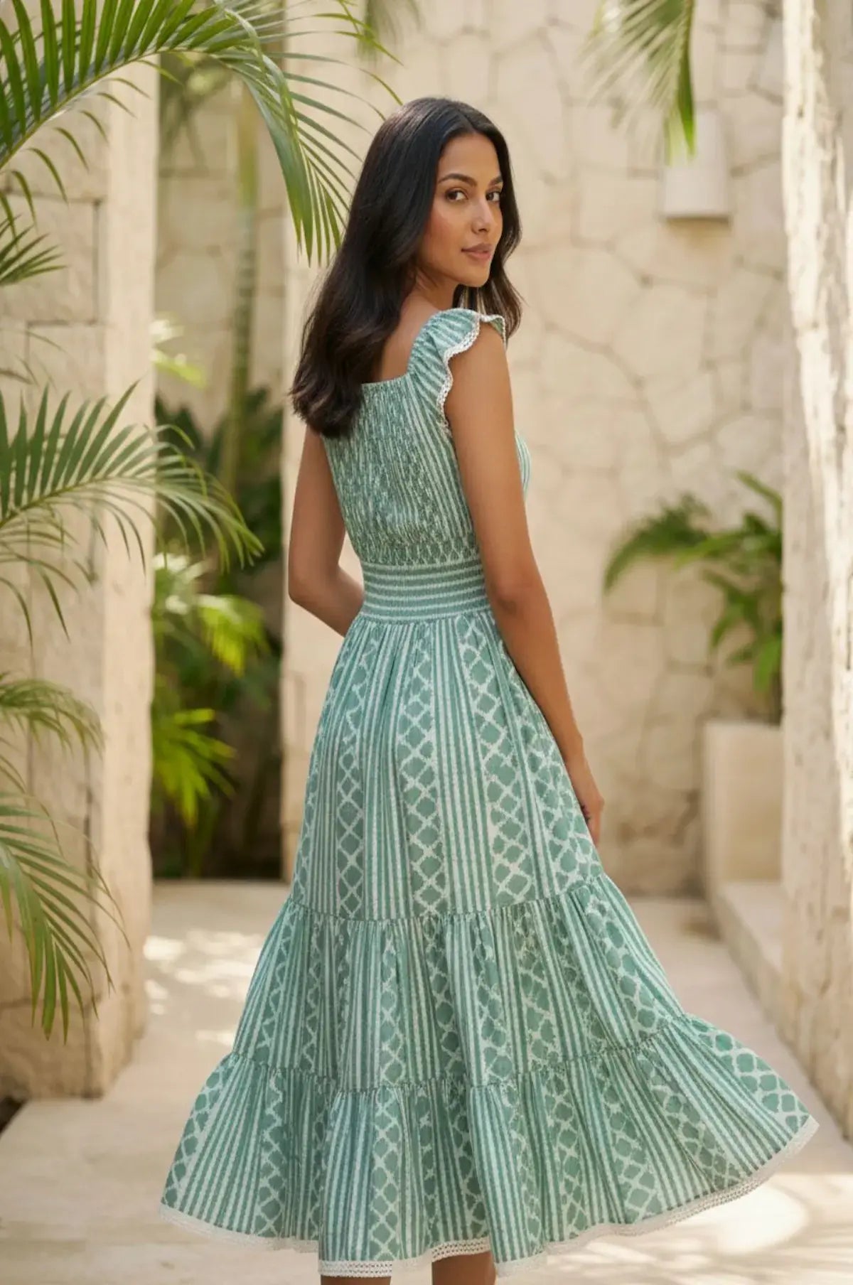 Olive Breeze Smocked Midi Dress