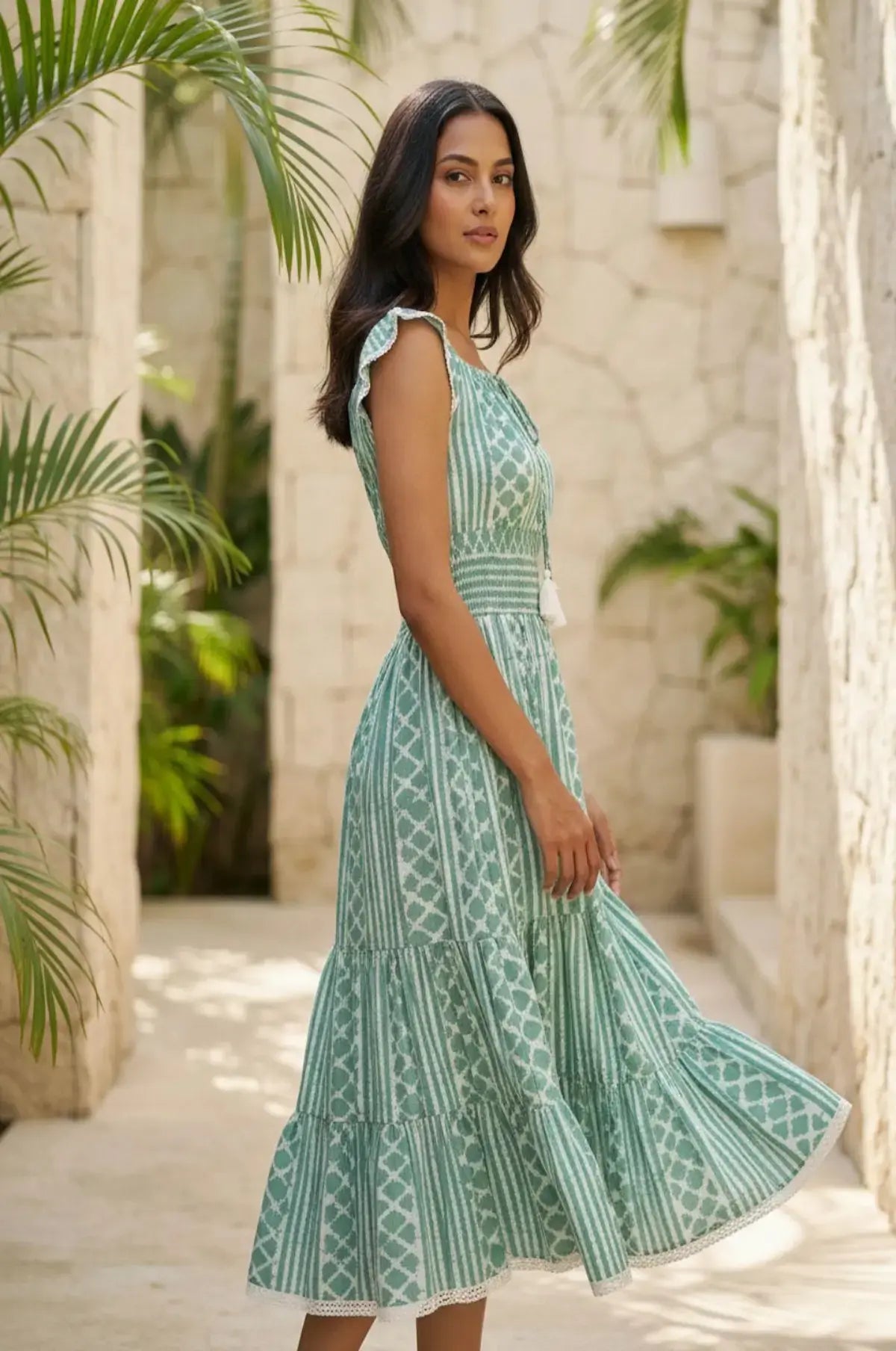 Olive Breeze Smocked Midi Dress