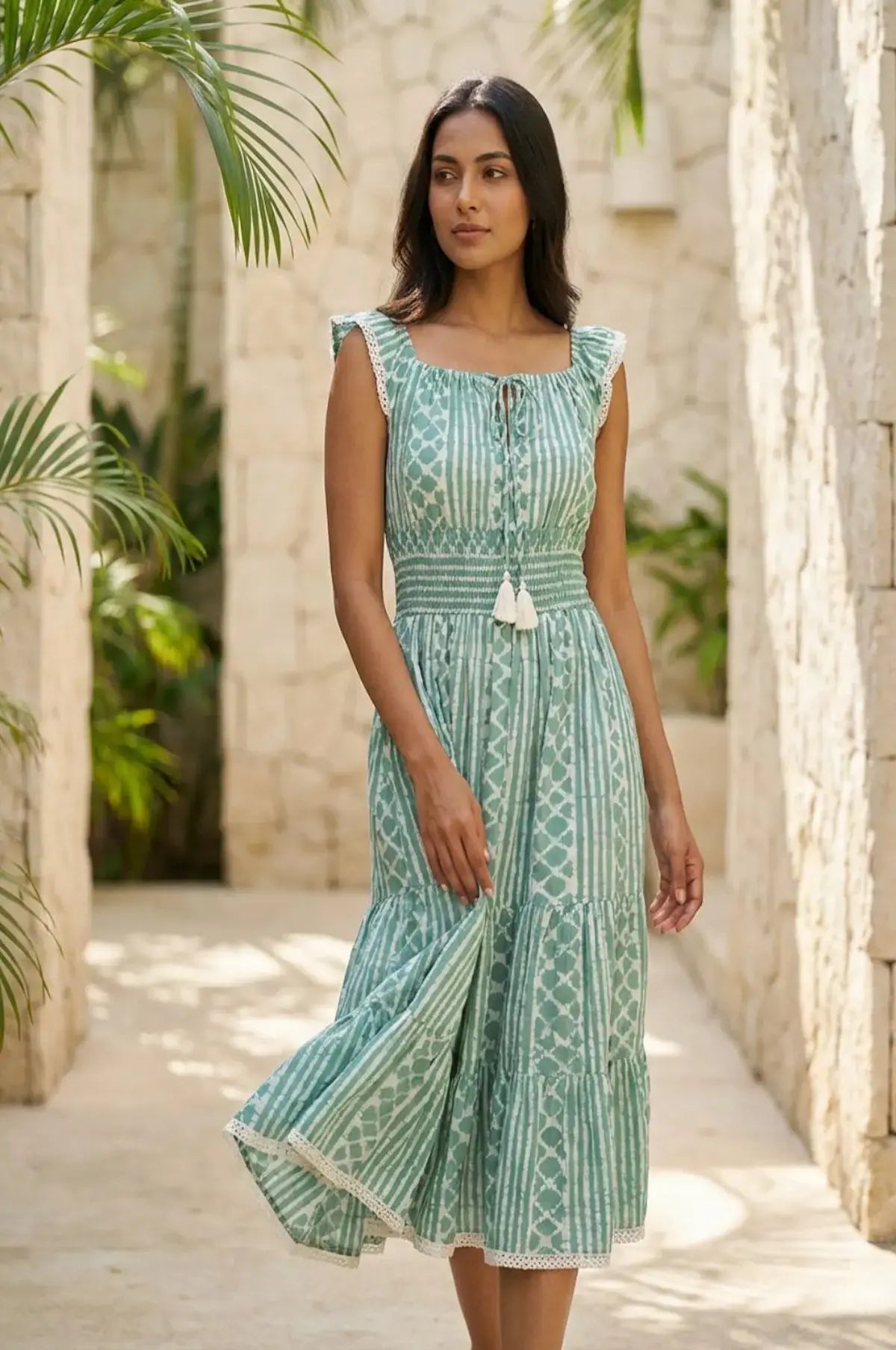 Olive Breeze Smocked Midi Dress