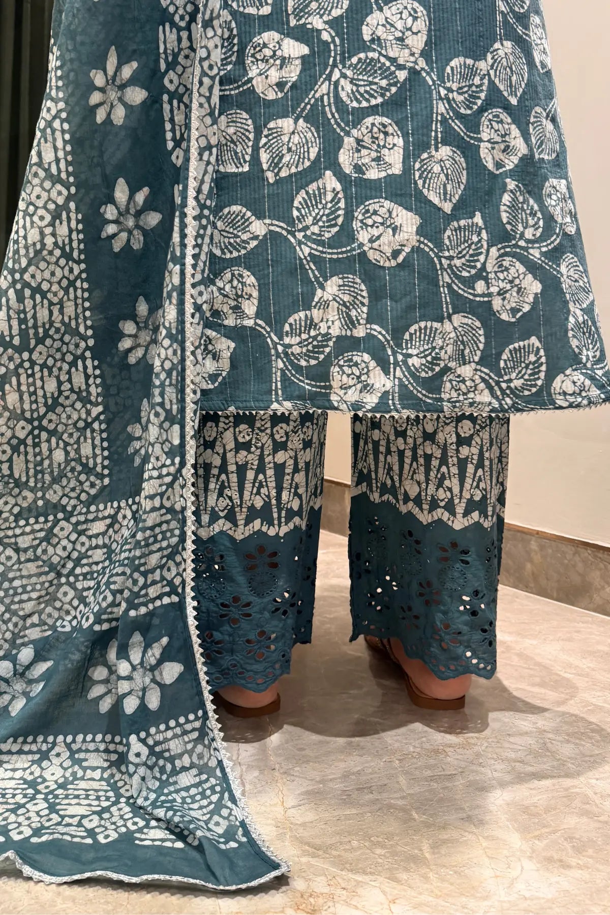 Silver Lining Batik Kurta Set – back hem and pant detail | handcrafted batik ethnic wear for women | Shades of You