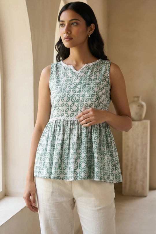 Summer's Batik Breeze Olive Top – front view | handcrafted batik ethnic wear for women | Shades of You