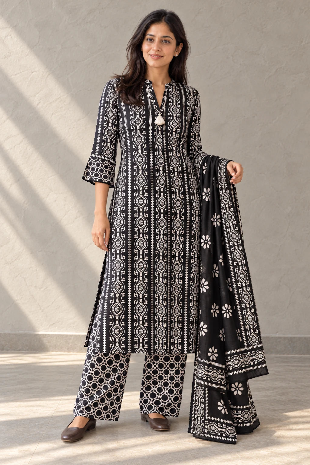 Woman in black and white Deewani batik kurta set with palazzo and dupatta, front view