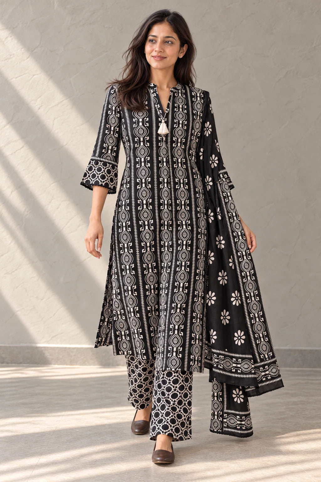 Black batik kurta set worn walking, dupatta over one arm, with brown flats