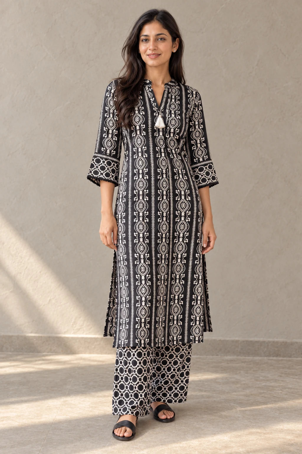 Black and white batik kurta with lattice palazzo, worn without the dupatta