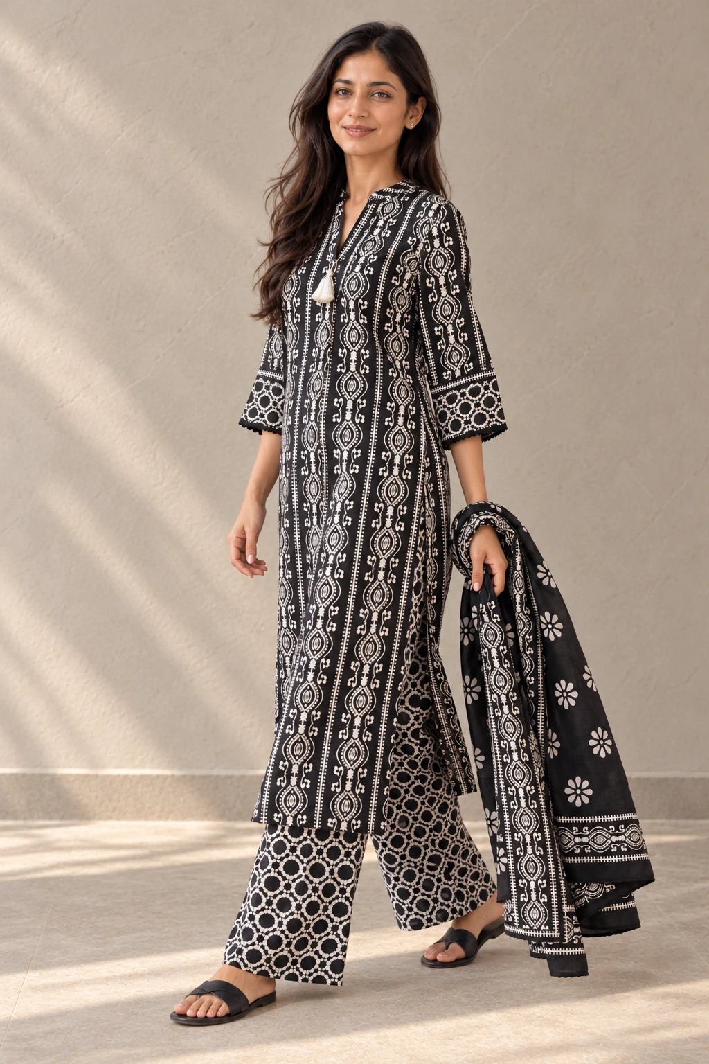 Side view of the black batik kurta set, walking, dupatta over one arm