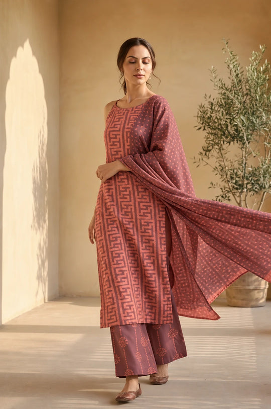 Plum and coral batik noodle-strap kurta set with palazzo and flowing dupatta, walking view, SOY