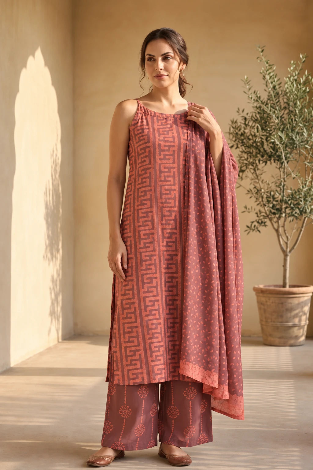 Plum and coral batik noodle-strap kurta set with palazzo and dupatta, front view, SOY