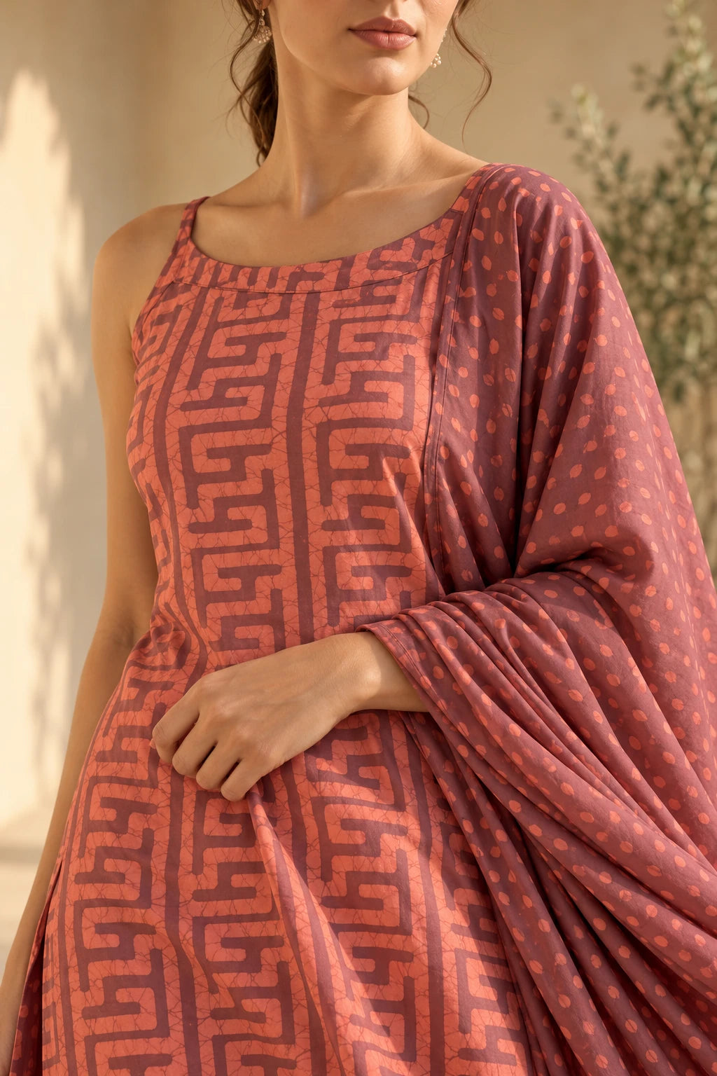 Close-up of coral geometric batik print on noodle-strap kurta with crackle texture, SOY