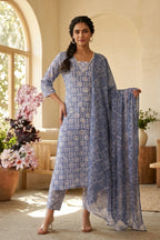 Blue Handprinted Batik Suit Set