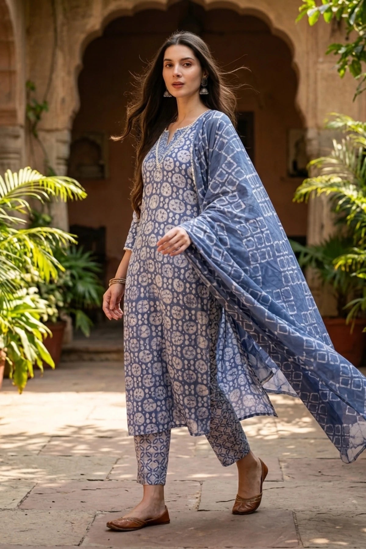 Blue Handprinted Batik Suit Set