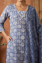 Blue Handprinted Batik Suit Set