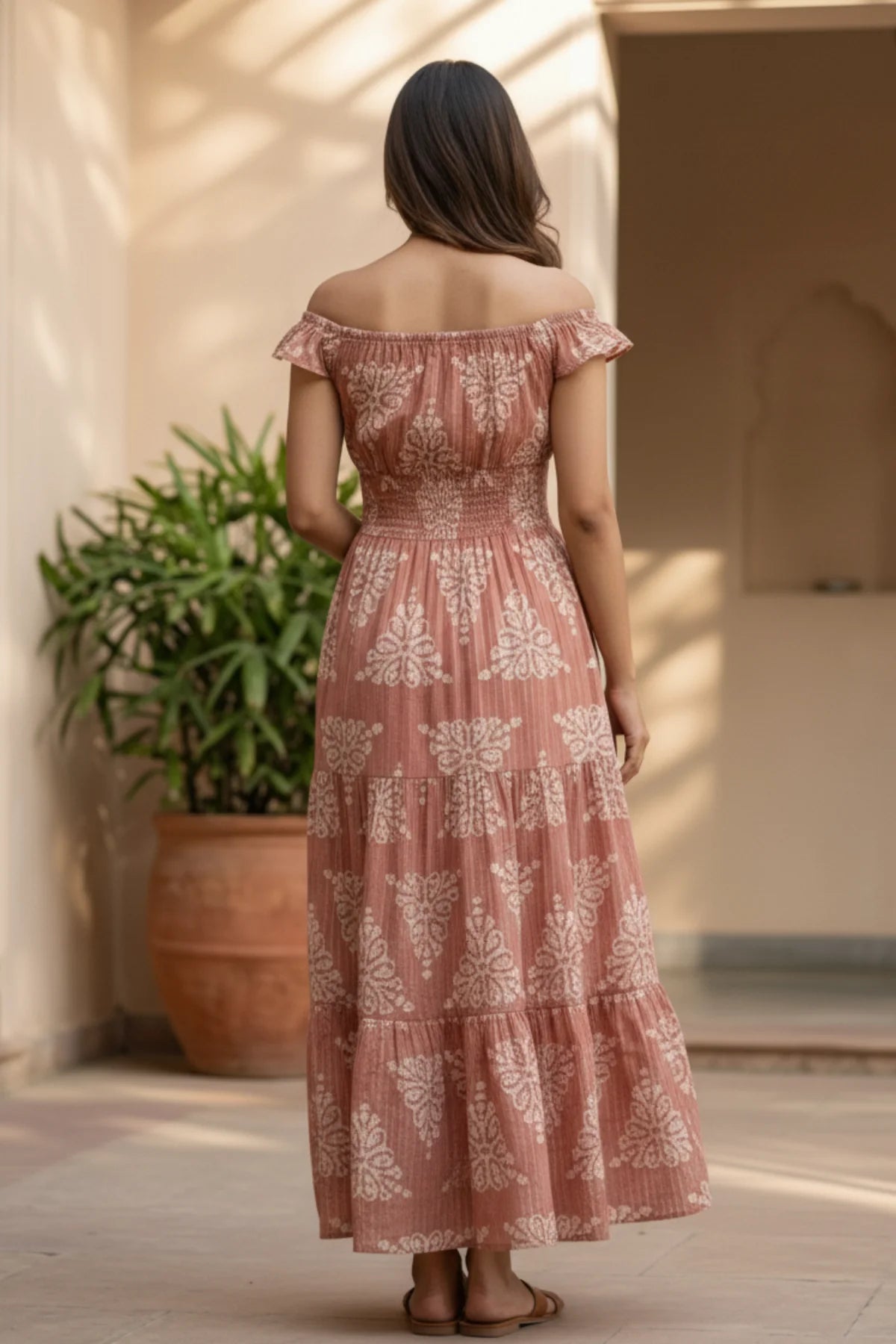 Golden Hour Lurex Cotton Dress – back view | handcrafted batik ethnic wear for women | Shades of You