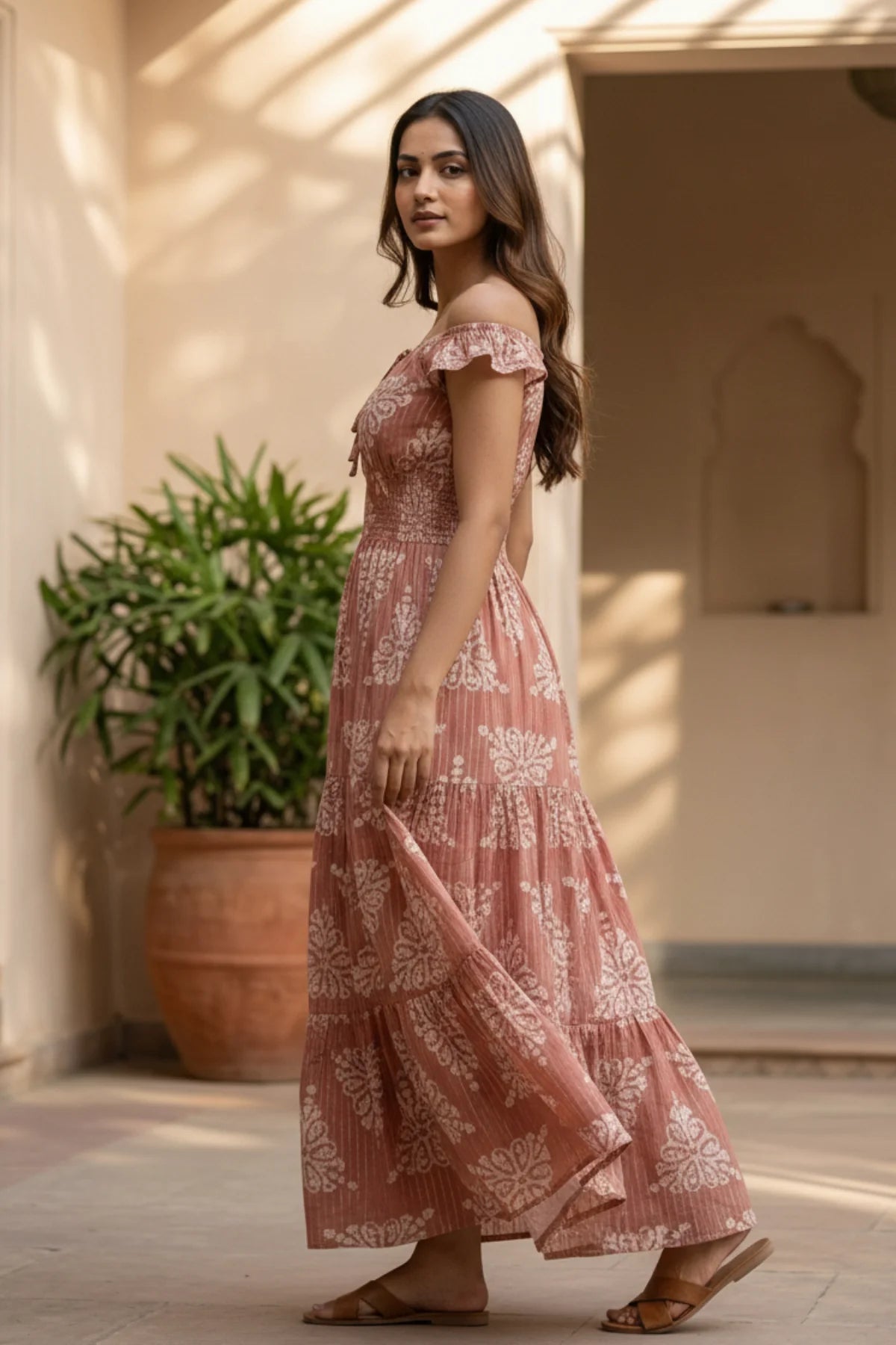 Golden Hour Lurex Cotton Dress – side view | handcrafted batik ethnic wear for women | Shades of You
