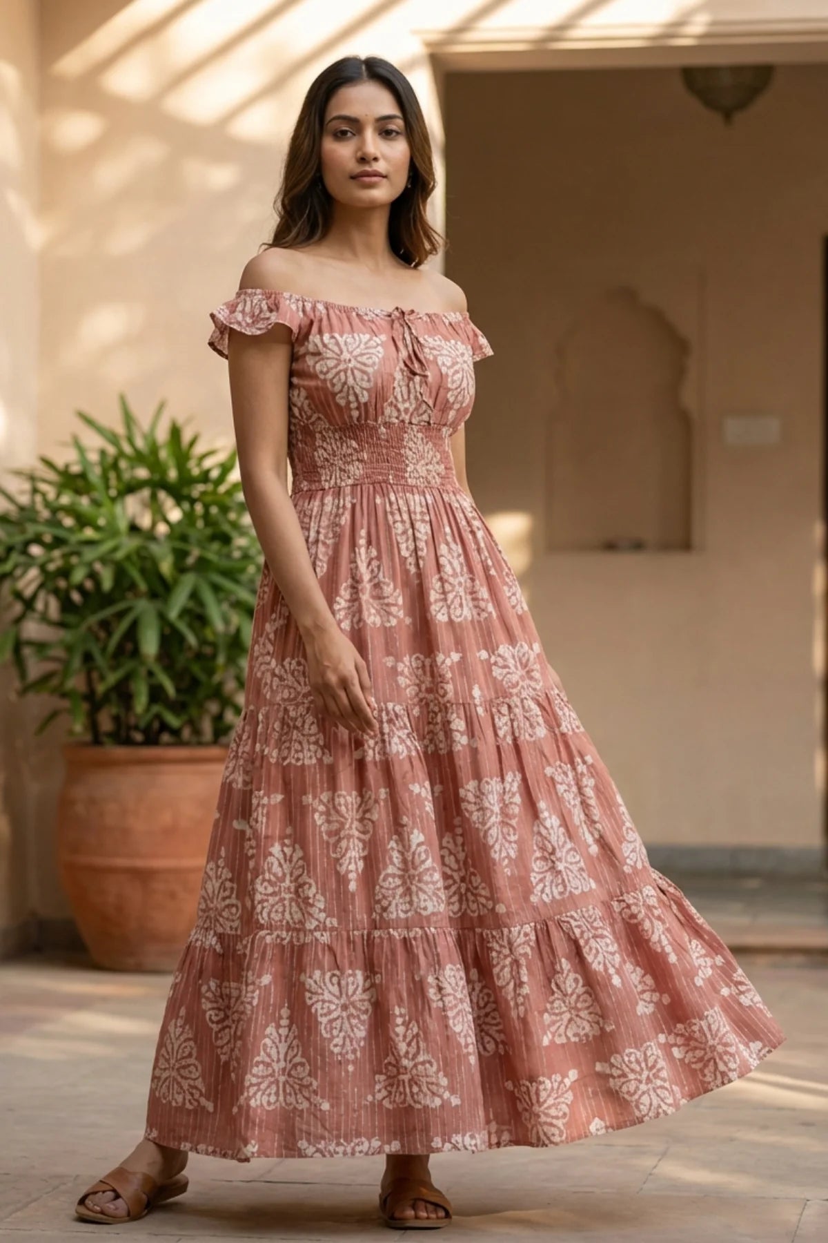 Golden Hour Lurex Cotton Dress – front view | handcrafted batik ethnic wear for women | Shades of You