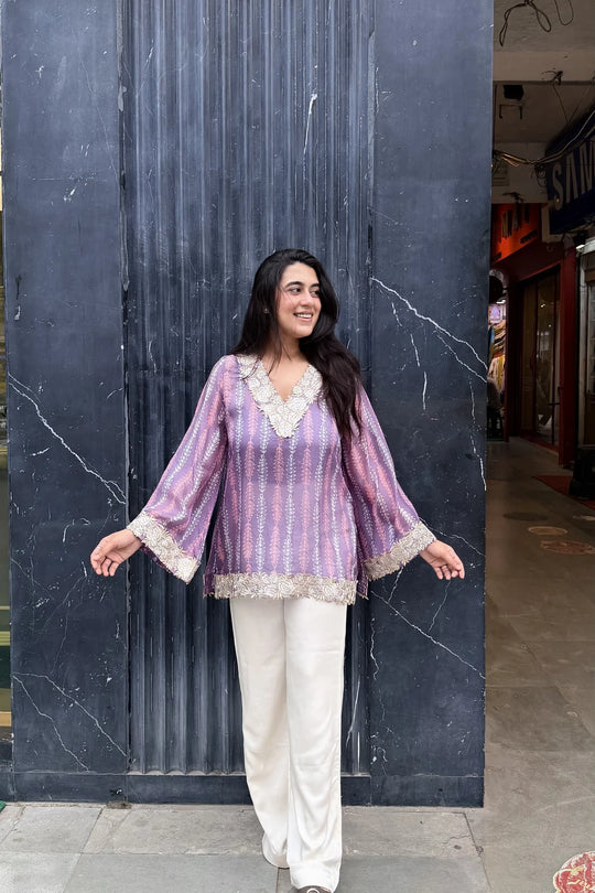 Lavender Floral Pure Ahimsa Silk Tunic, front view | handcrafted batik ethnic wear for women | Shades of You, detail