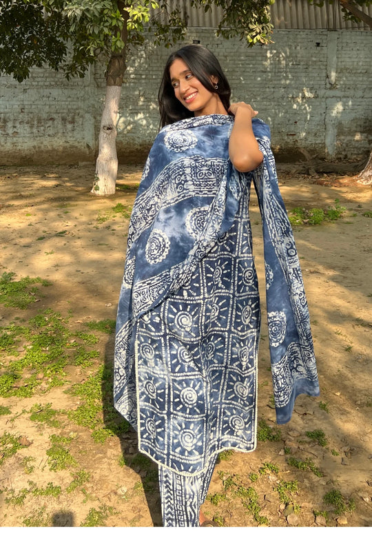 Batik Tie Dye Suit Set in Indigo Sun – back view | handcrafted batik ethnic wear for women | Shades of You, detail