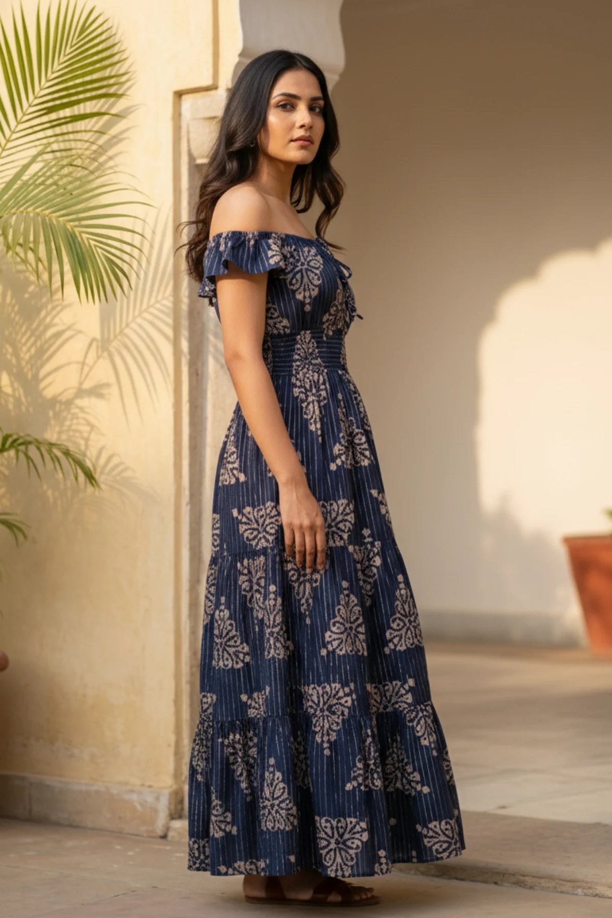 Navy Lurex Cotton Dress – back view | handcrafted batik ethnic wear for women | Shades of You