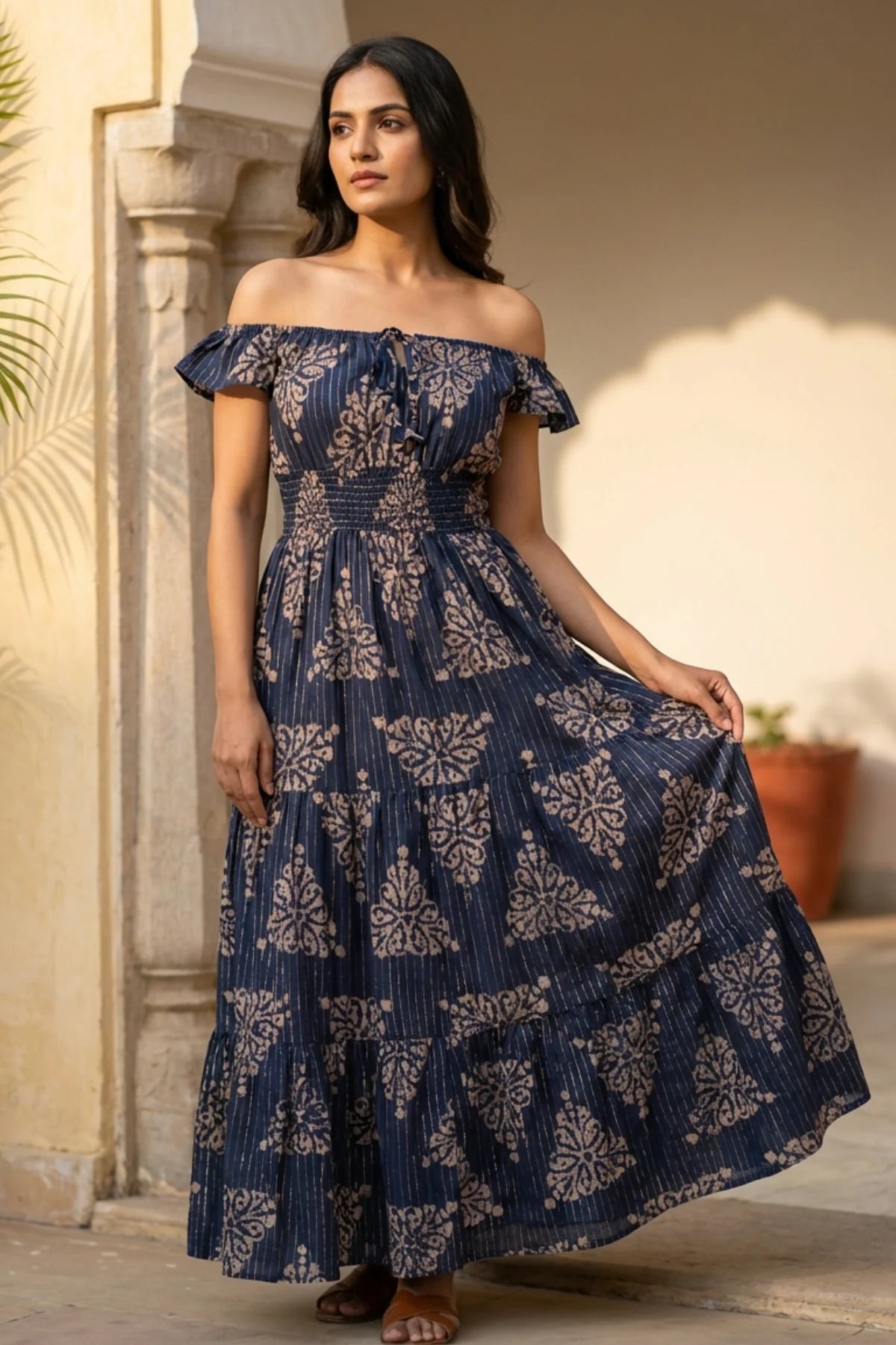 Navy Lurex Cotton Dress – front view | handcrafted batik ethnic wear for women | Shades of You