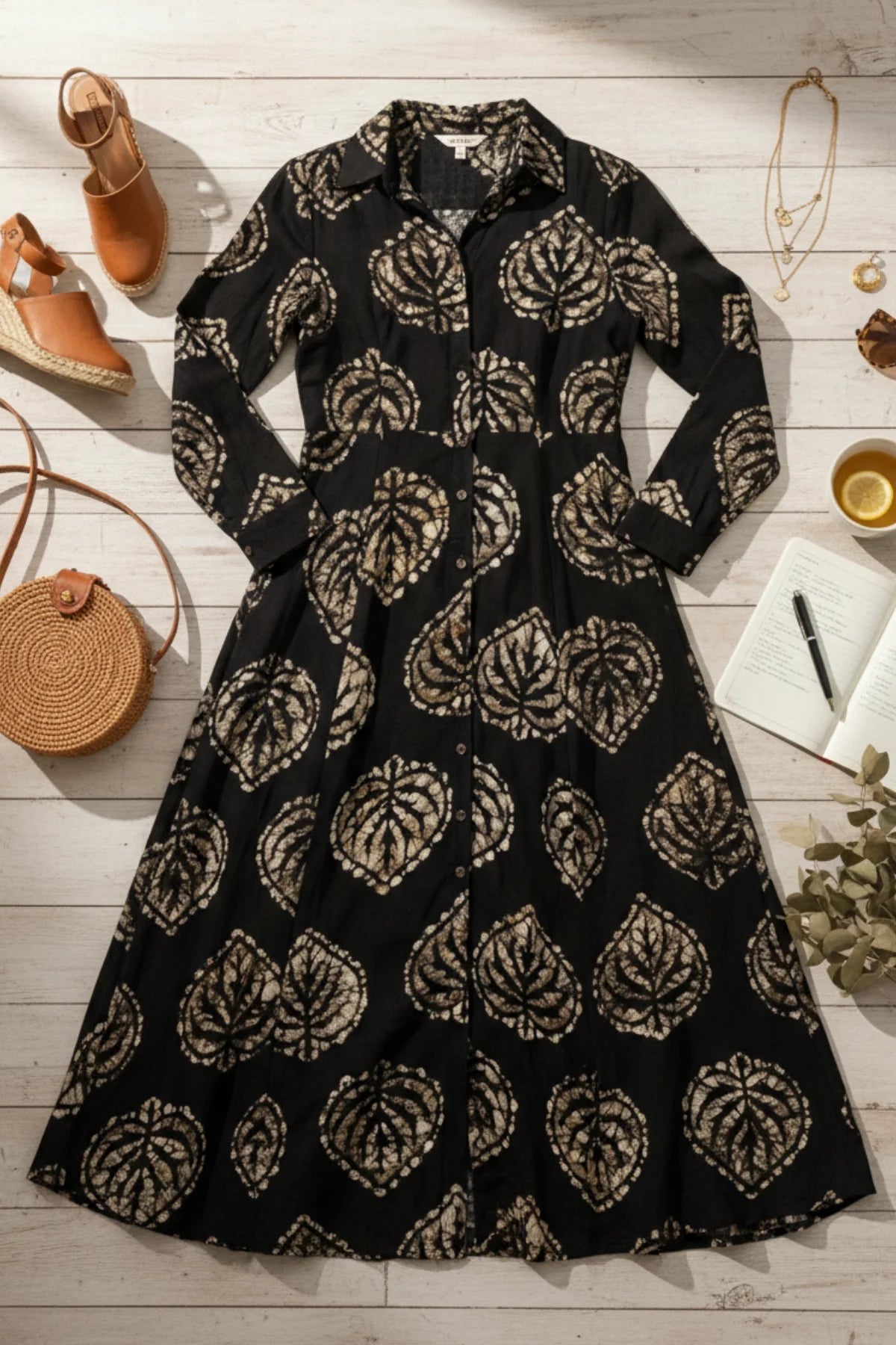 Noir Batik Shirt Dress – detail shot | handcrafted batik ethnic wear for women | Shades of You