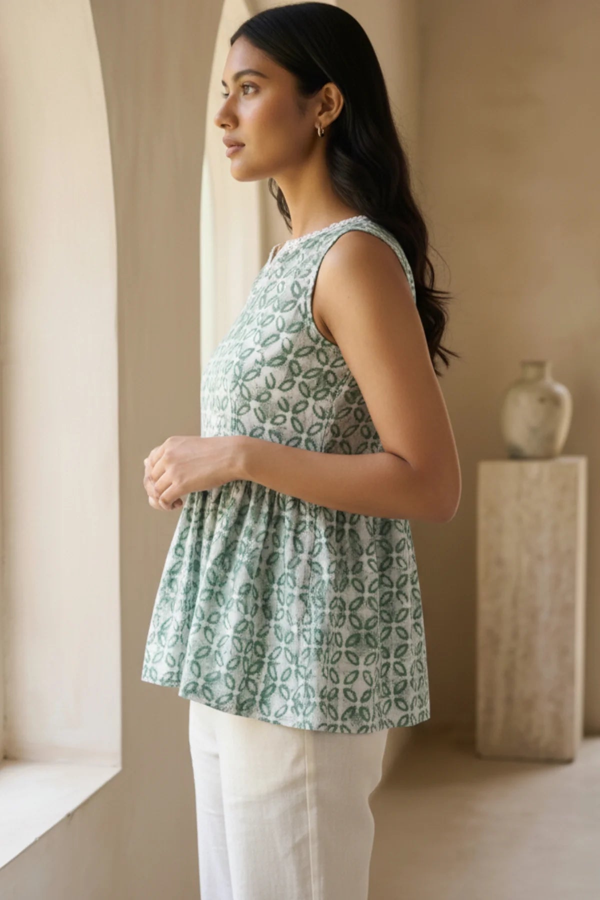 Summer's Batik Breeze Olive Top – side view | handcrafted batik ethnic wear for women | Shades of You