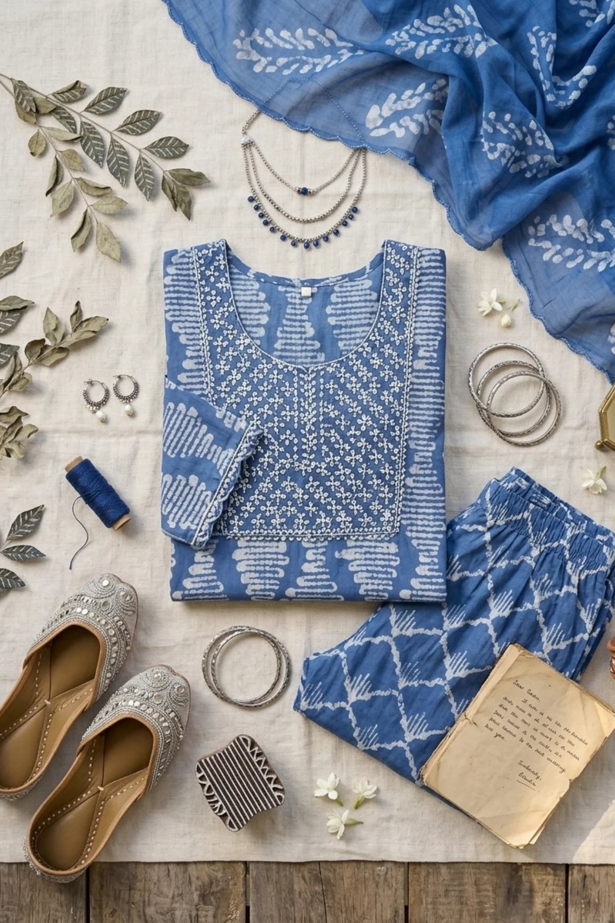 Skyfall Batik Modal Kurta Set – detail shot | handcrafted batik ethnic wear for women | Shades of You