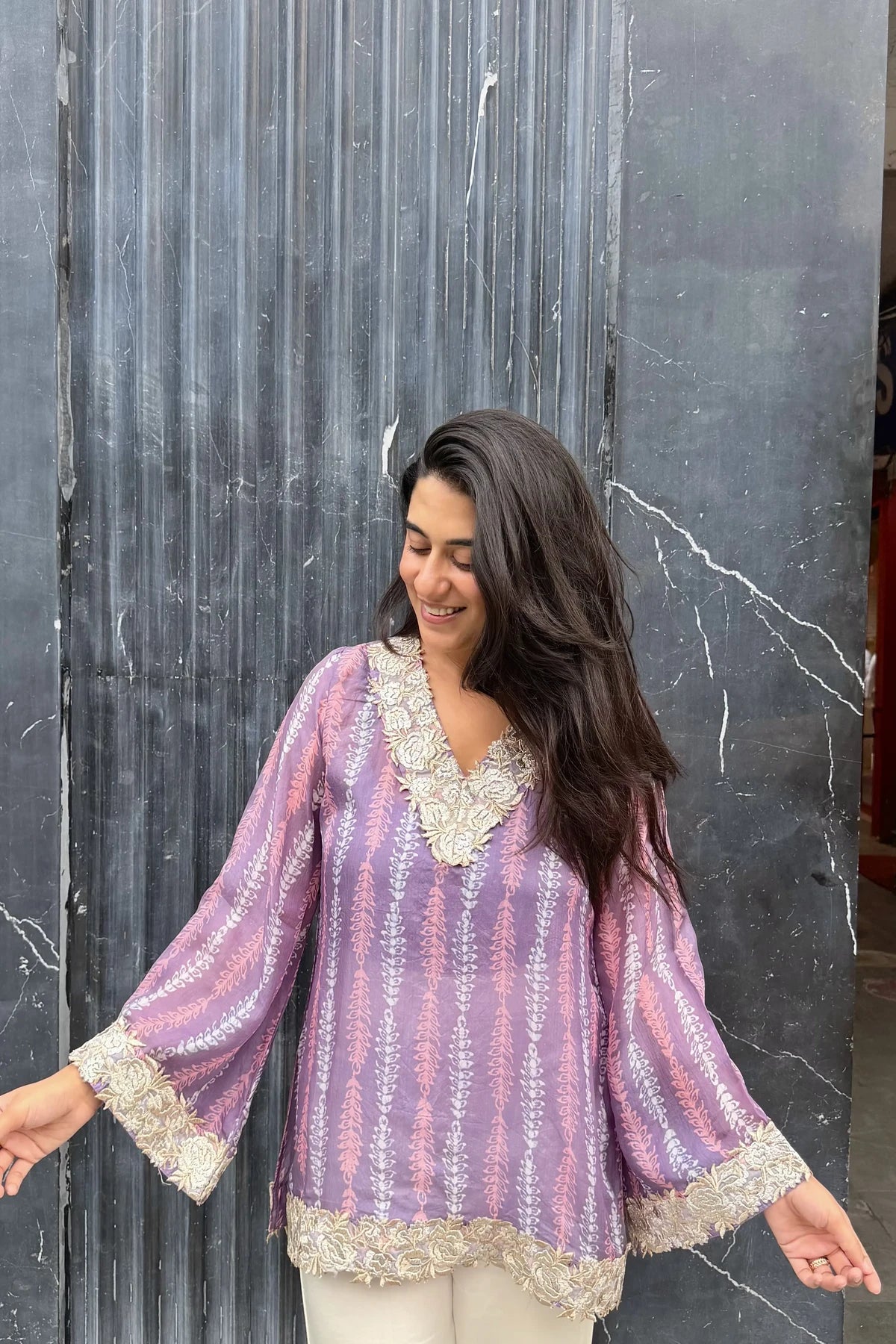 Lavender Floral Pure Ahimsa Silk Tunic, neckline embroidery detail | handcrafted batik ethnic wear for women | Shades of You