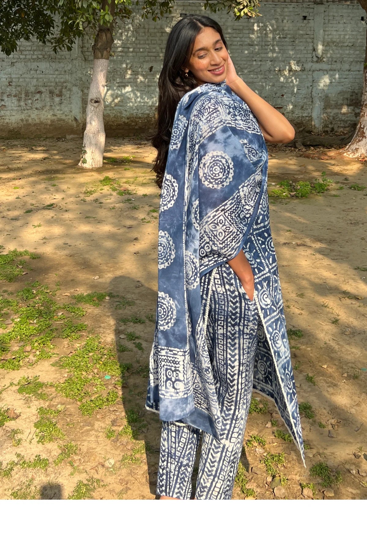 Batik Tie Dye Suit Set in Indigo Sun – side view | handcrafted batik ethnic wear for women | Shades of You