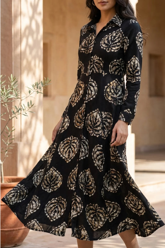 Noir Batik Shirt Dress – front view | handcrafted batik ethnic wear for women | Shades of You