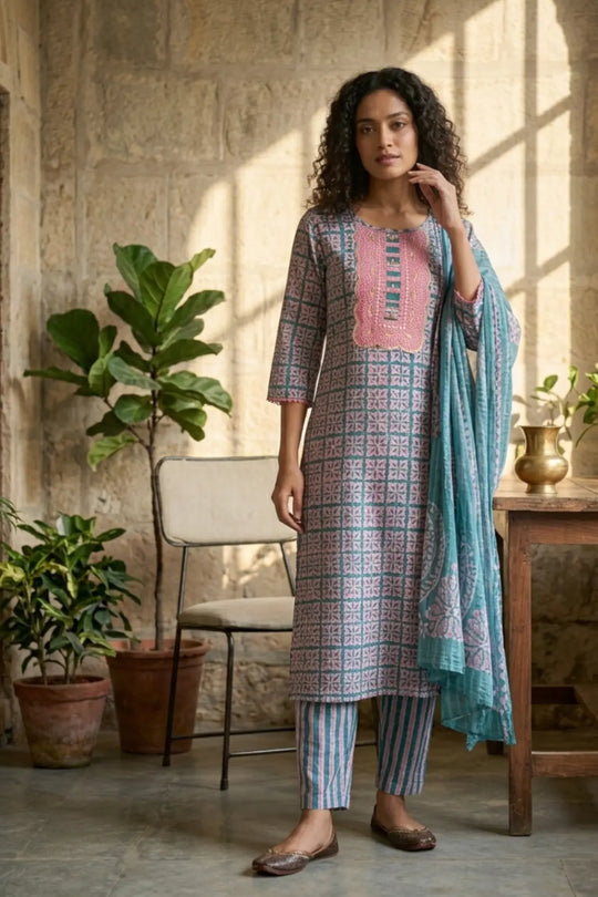 Pink Fern Batik Suit Set – front view | handcrafted batik ethnic wear for women | Shades of You