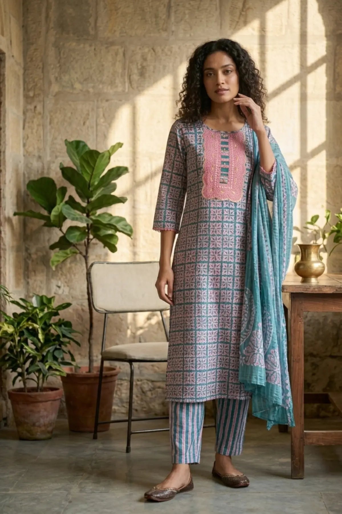 Pink Fern Batik Suit Set – front view | handcrafted batik ethnic wear for women | Shades of You