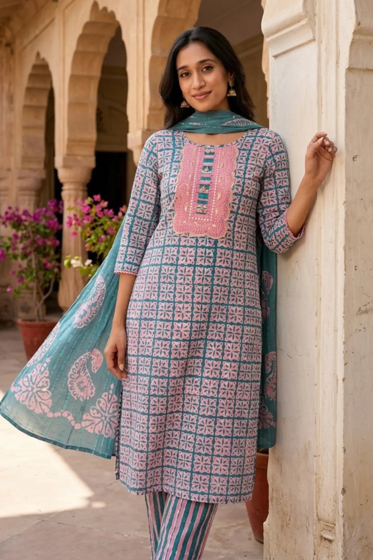Pink Fern Batik Suit Set – styled look | handcrafted batik ethnic wear for women | Shades of You