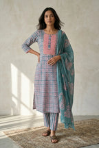 Pink Fern Batik Suit Set – model closeup | handcrafted batik ethnic wear for women | Shades of You