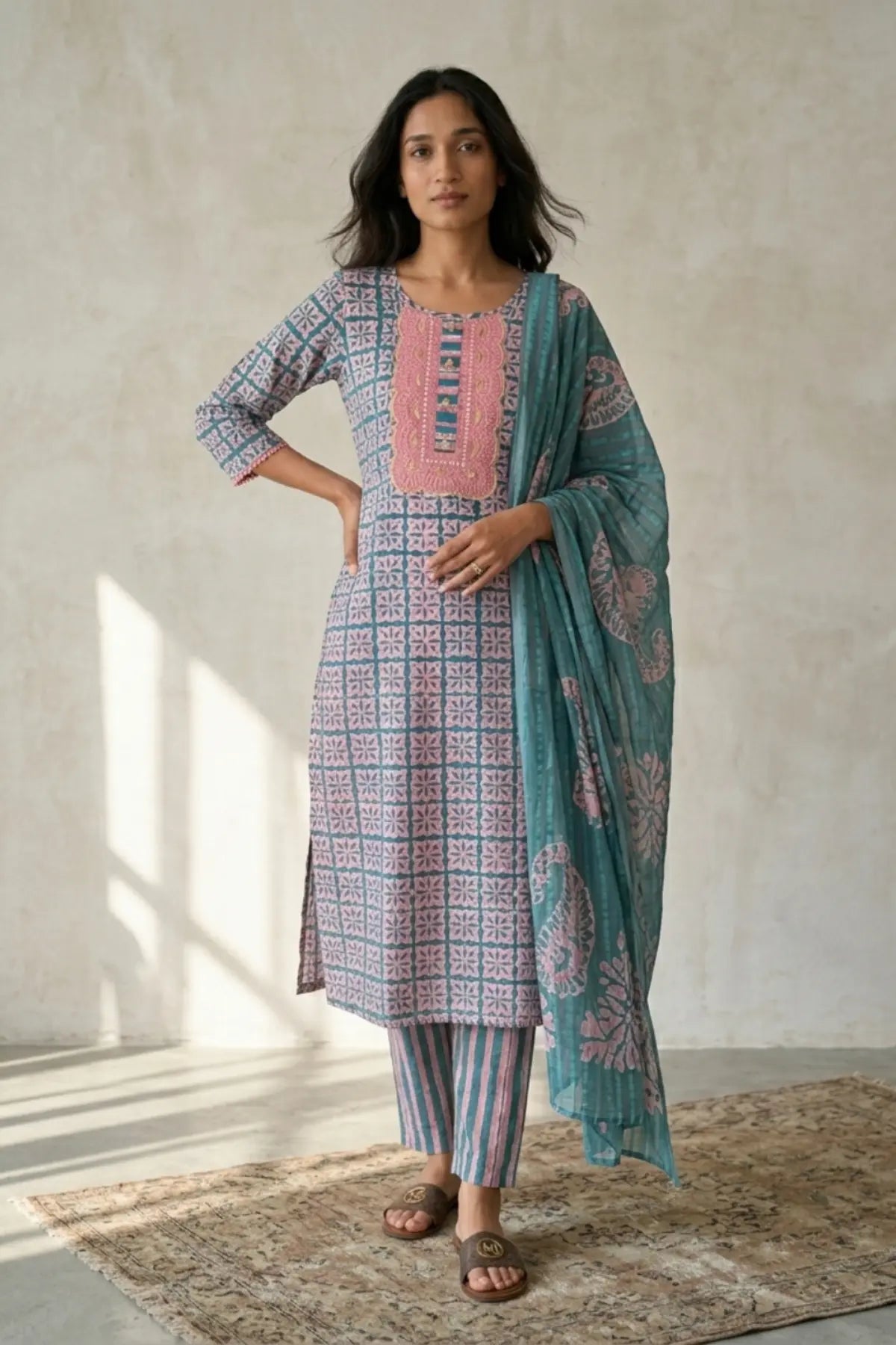 Pink Fern Batik Suit Set – model closeup | handcrafted batik ethnic wear for women | Shades of You