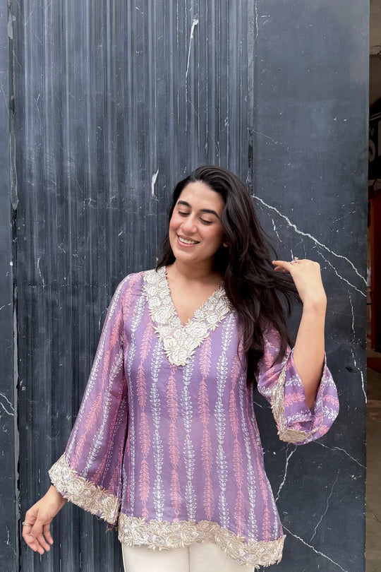 Lavender Floral Pure Ahimsa Silk Tunic, portrait closeup | handcrafted batik ethnic wear for women | Shades of You