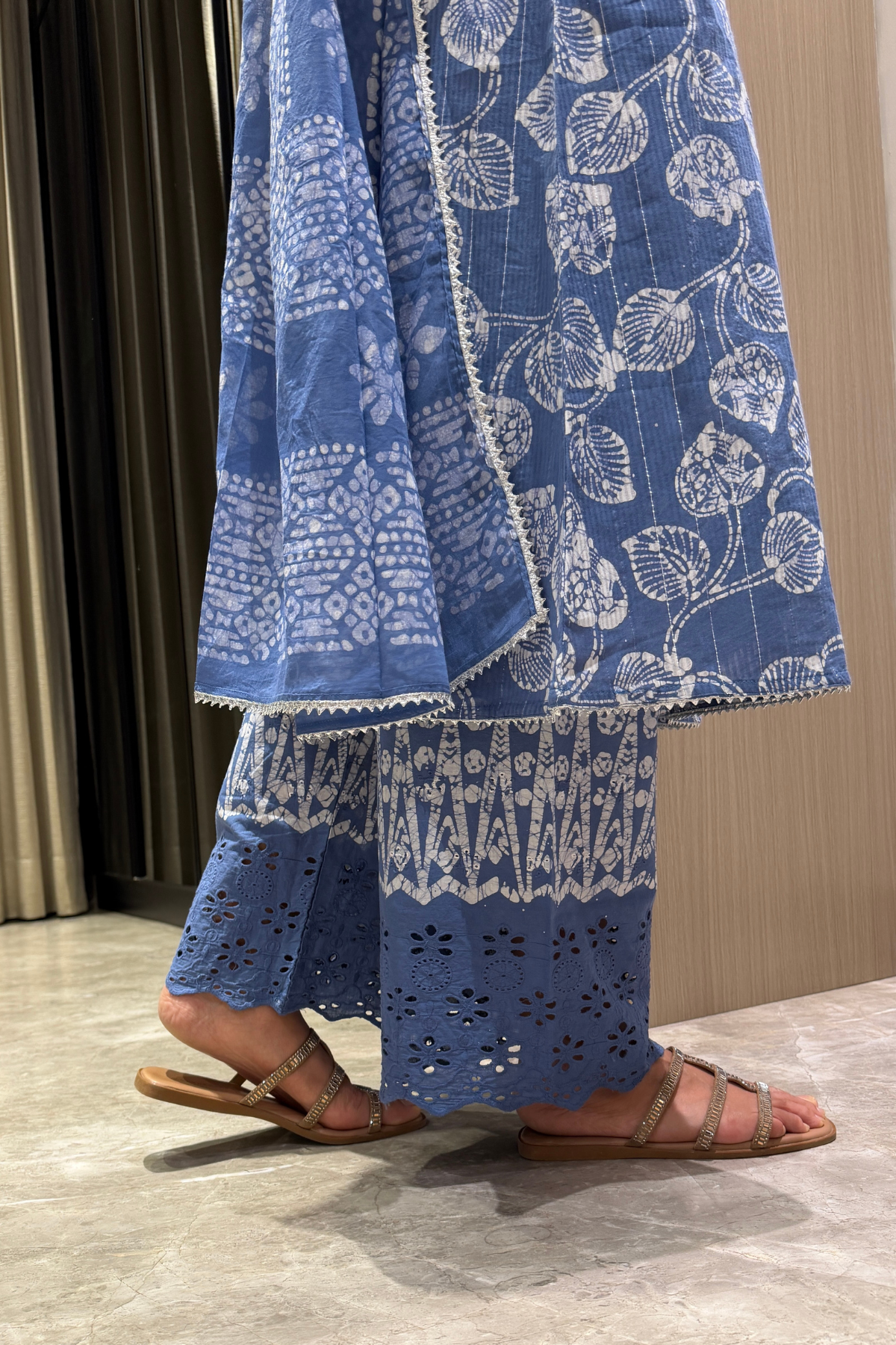 Chandni Silver Lining Batik Kurta Set – hem and pant detail | handcrafted batik ethnic wear for women | Shades of You