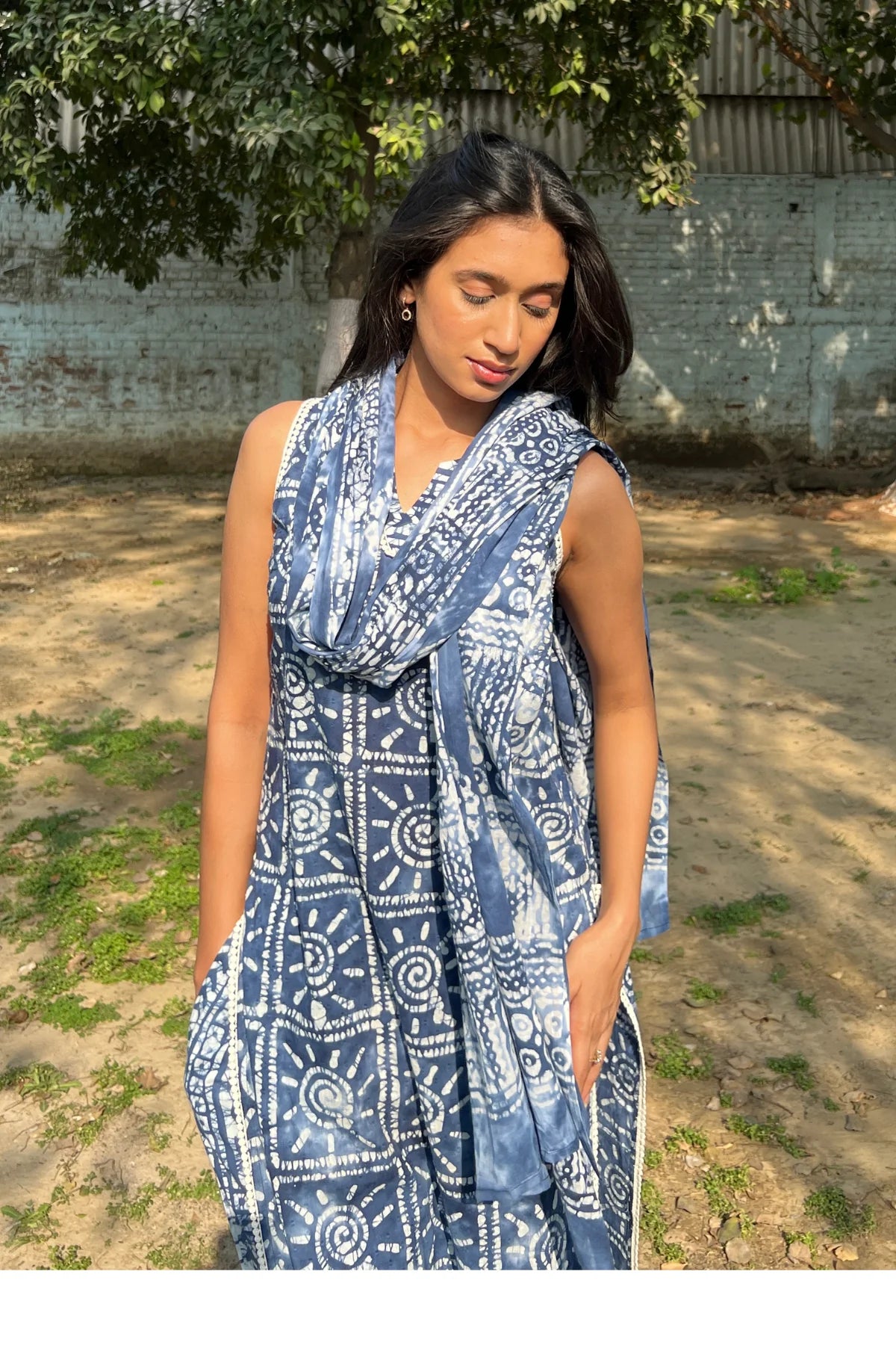 Batik Tie Dye Suit Set in Indigo Sun – model closeup | handcrafted batik ethnic wear for women | Shades of You