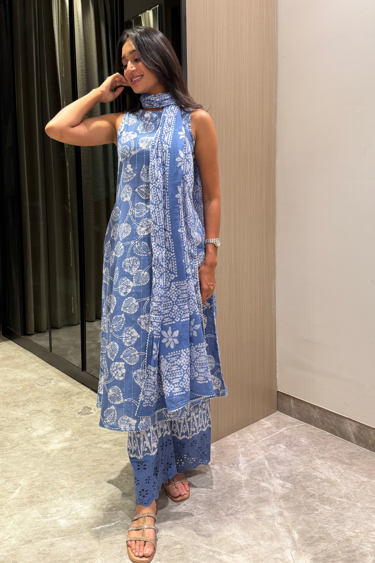 Chandni Silver Lining Batik Kurta Set – portrait closeup | handcrafted batik ethnic wear for women | Shades of You