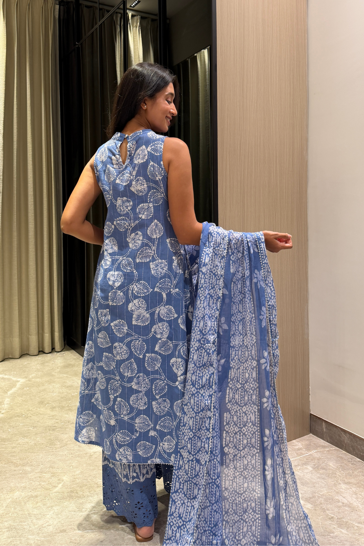 Chandni Silver Lining Batik Kurta Set – back view alternate angle | handcrafted batik ethnic wear for women | Shades of You