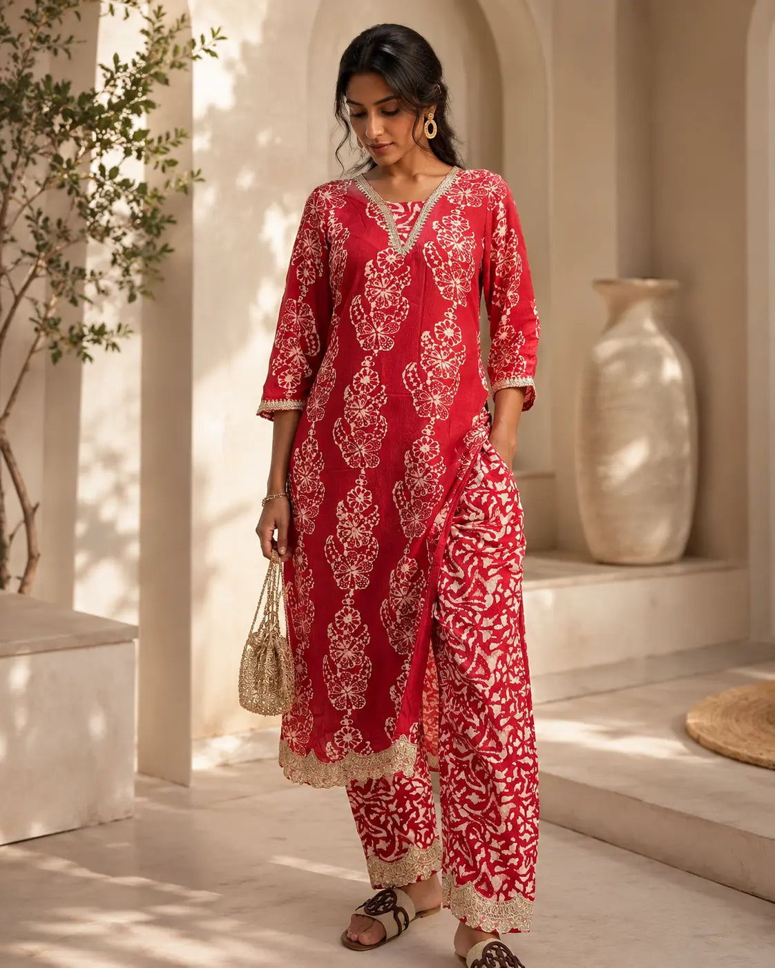 Peach Batik Viscose Kurta Set – front view | handcrafted batik ethnic wear for women | Shades of You
