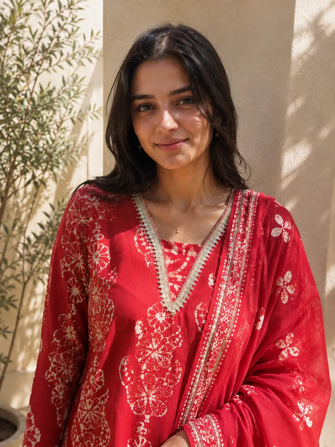 Peach Batik Viscose Kurta Set – neckline detail | handcrafted batik ethnic wear for women | Shades of You