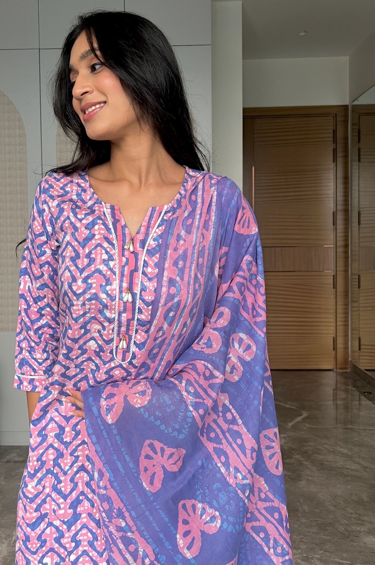 Skyrose Batik Suit Set – back view | handcrafted batik ethnic wear for women | Shades of You